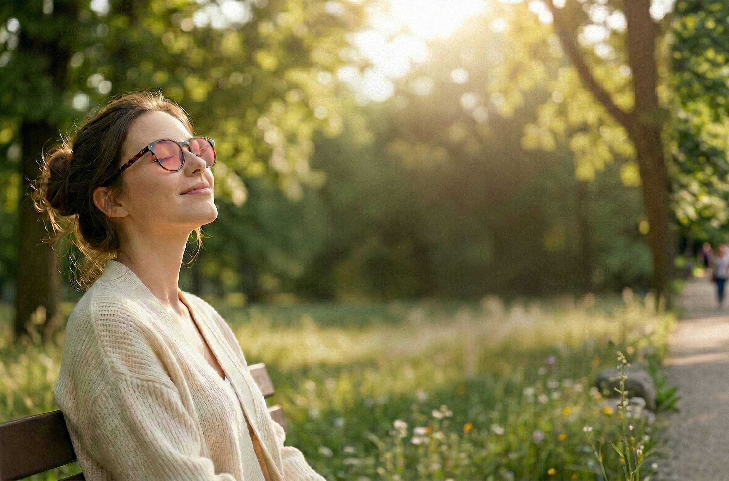 Woman sitting on a bench in a park with trees and people in the background
