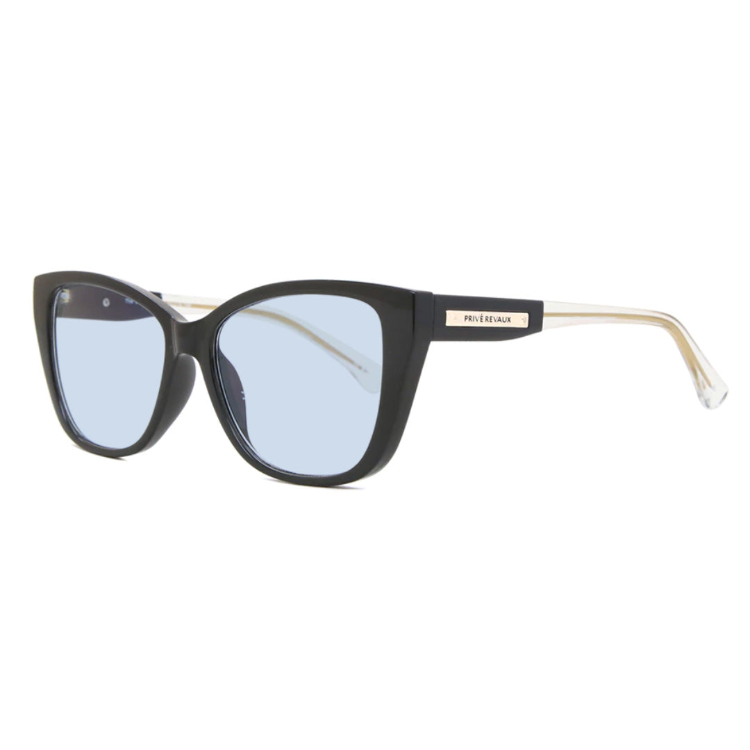 Black sunglasses with light blue lenses on a white background