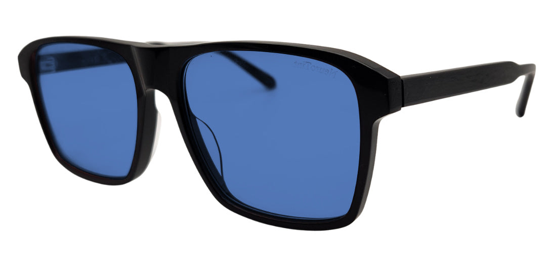 Barney frame in Black with E-Blue Dark (50%) tinted lenses, side view