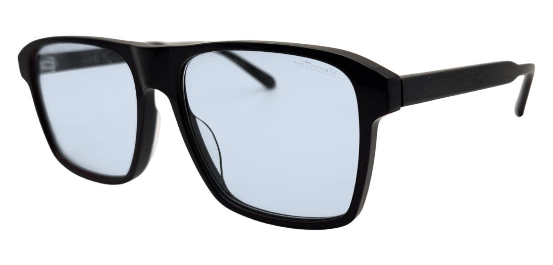 Barney frame in Black with E-Blue Light (15%) tinted lenses, side view