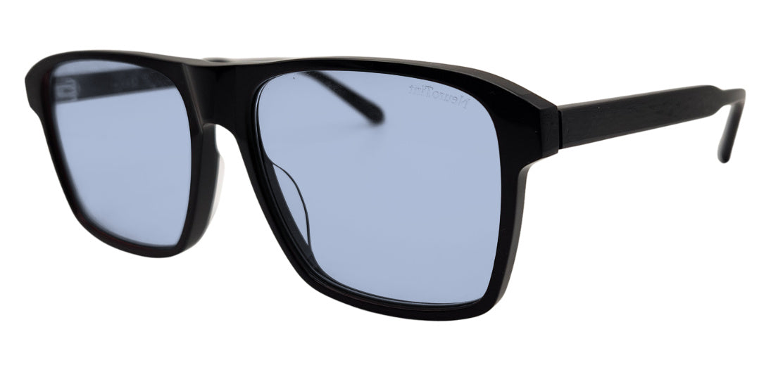 Barney frame in Black with E-Blue Medium (30%) tinted lenses, side view