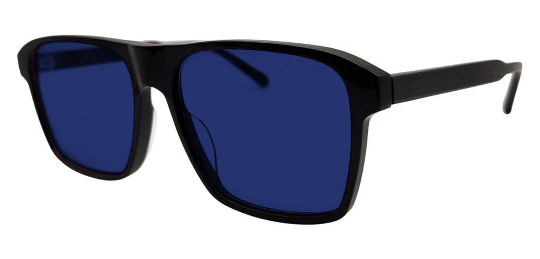 Barney frame in Black with Z1 Blue tinted lenses, side view