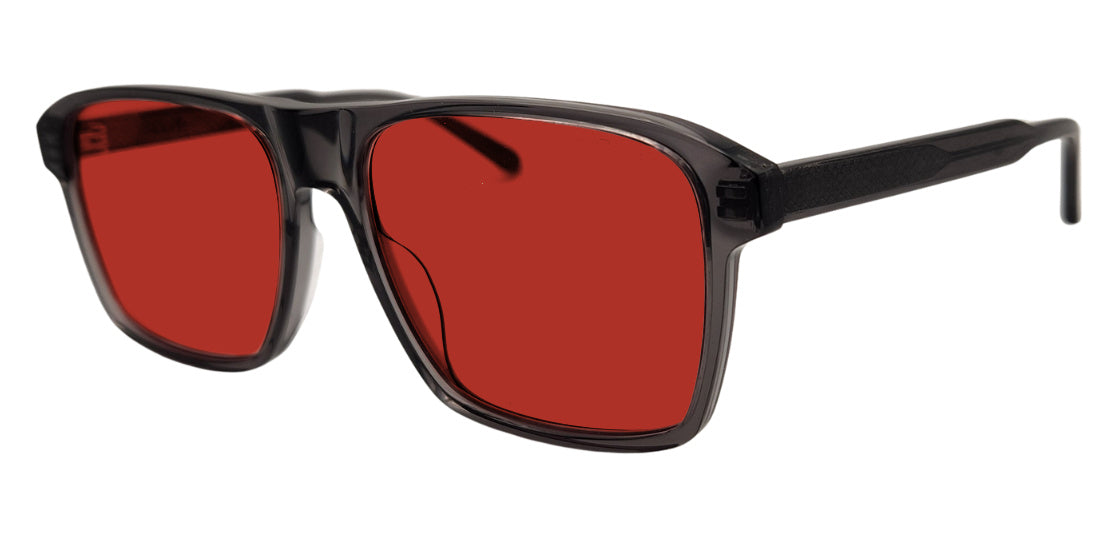 Barney frame in Grey with C01 Plum tinted lenses, side view