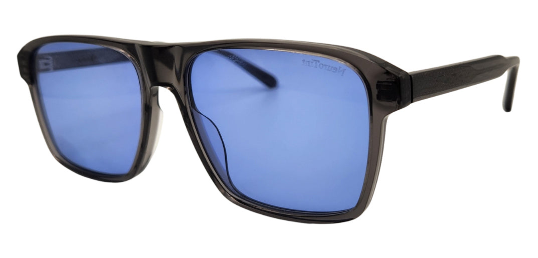 Barney frame in Grey with E-Blue Dark (50%) tinted lenses, side view