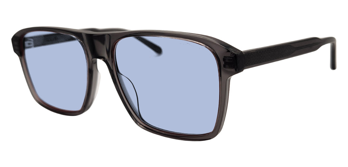 Barney frame in Grey with E-Blue Medium (30%) tinted lenses, side view