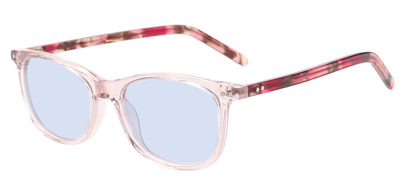 Clara frame in Pink with E-Blue Light (15%) tinted lenses, side view