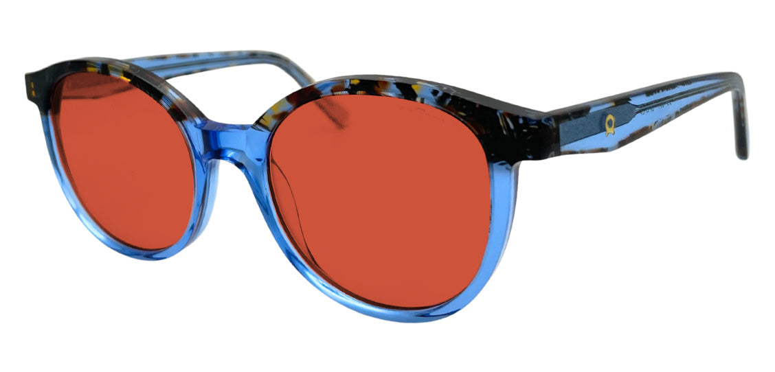 Dowe frame in Blue with FL-41 Dark (75%) tinted lenses, side view
