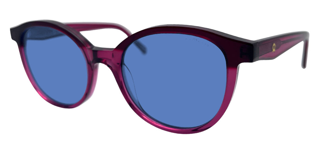 Dowe frame in Red with E-Blue Dark (50%) tinted lenses, side view