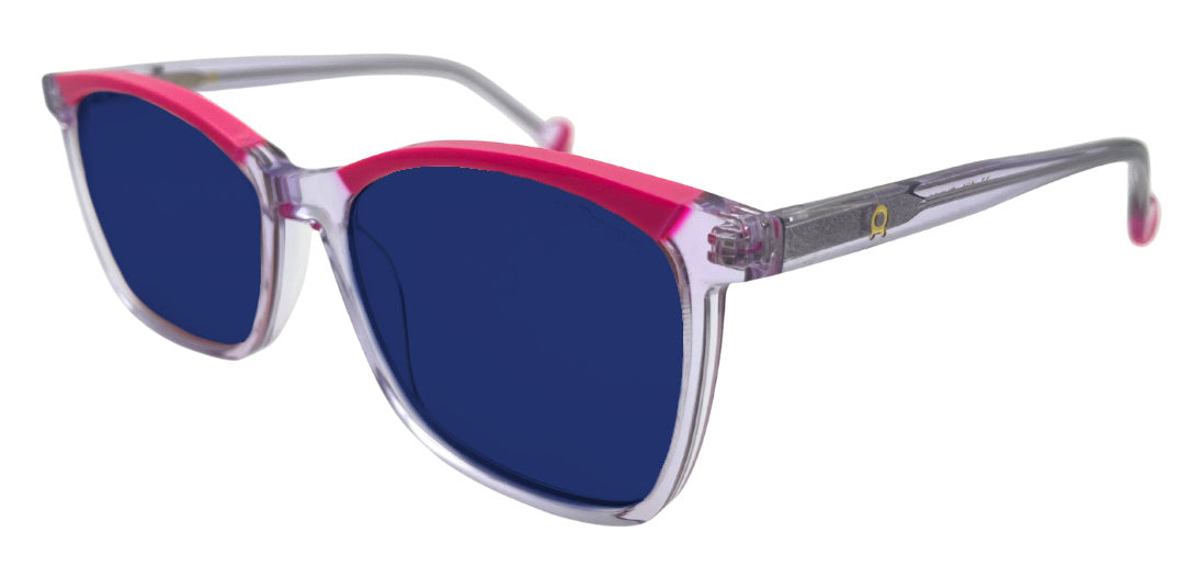 Hay frame in Pink with Z1 Blue tinted lenses, side view
