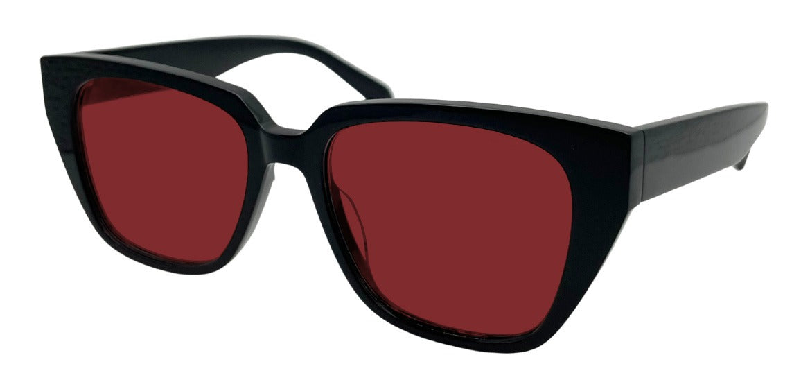 Reilly frame in Black with C01 Plum tinted lenses, side view