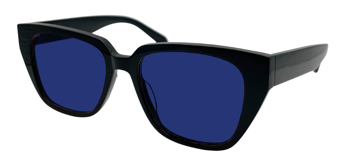 Reilly frame in Black with Z1 Blue tinted lenses, side view