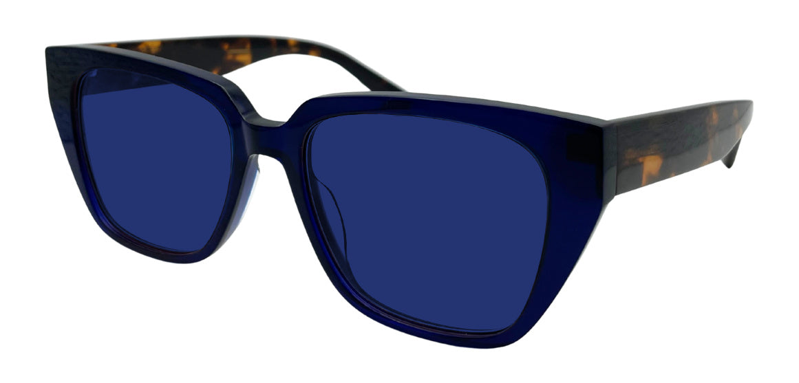 Reilly frame in Tortoise with Z1 Blue tinted lenses, side view