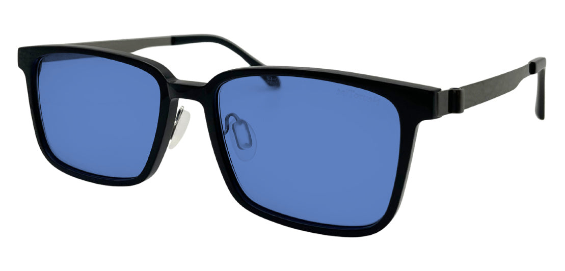 Rock frame in Black with E-Blue Dark (50%) tinted lenses, side view