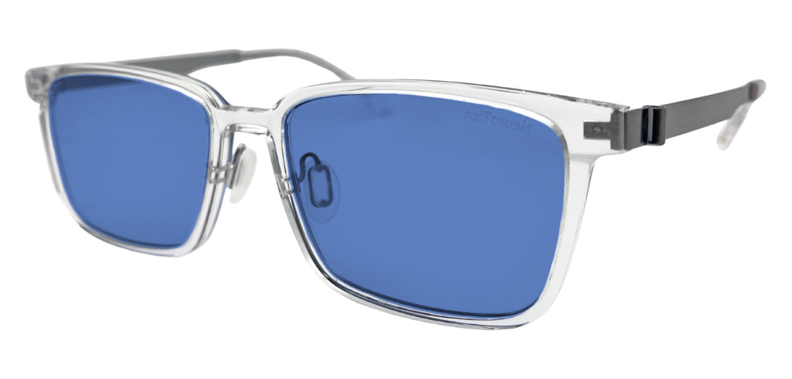 Rock frame in Clear with E-Blue Dark (50%) tinted lenses, side view