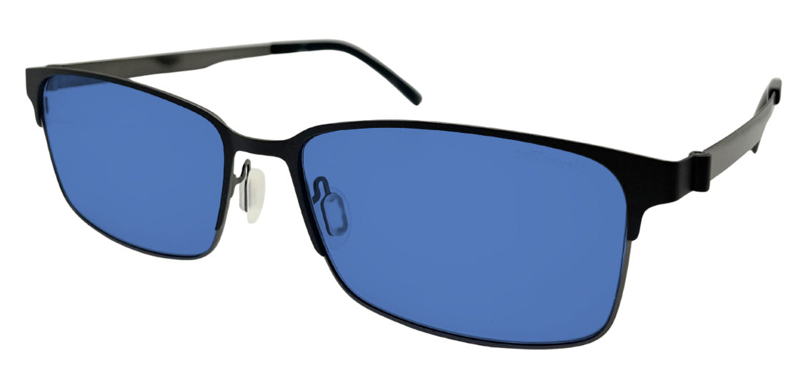 Sentinels frame in Black with E-Blue Dark (50%) tinted lenses, side view