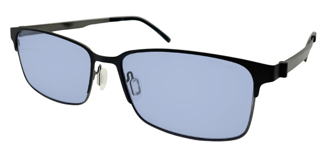 Sentinels frame in Black with E-Blue Medium (30%) tinted lenses, side view